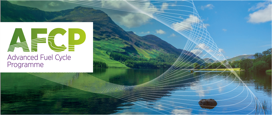 A photograph of a lake and mountains in Cumbria. Over the photo is a white dynamic wave pattern overlaid with the logo for the Advanced Fuel Cycle Programme (AFCP).